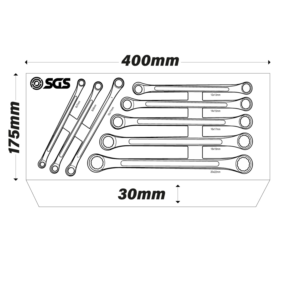 SGS 8pc Metric Deep Cranked Ring Spanner Set | 6mm-22mm | Foam Insert